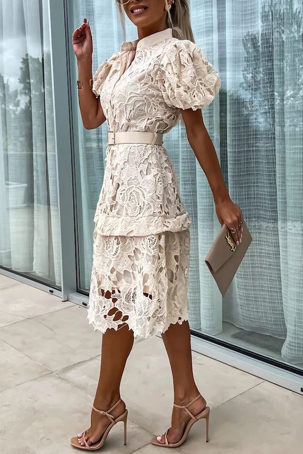 CM | Absolutamente Elegante Floral Crochet Encaje Puff Manga Cinturón Camisa Vestido Midi