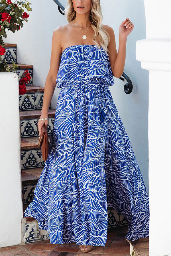 CM | Picnic de Verano Impreso Cintura Elástica Sin Tirantes Maxi Vestido
