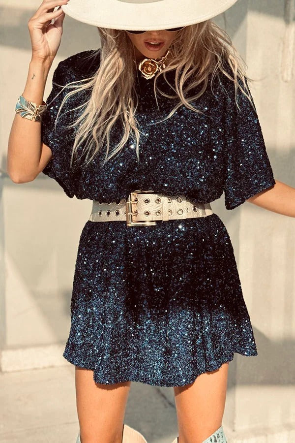 CM | Night Moves tela de lentejuelas mangas cortas sin espalda H-line mini vestido