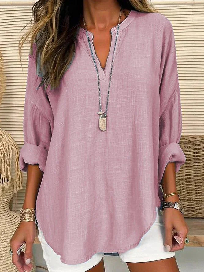 CM | Camisa regular de manga larga con cuello en V, monocolor, de manga larga y corte holgado