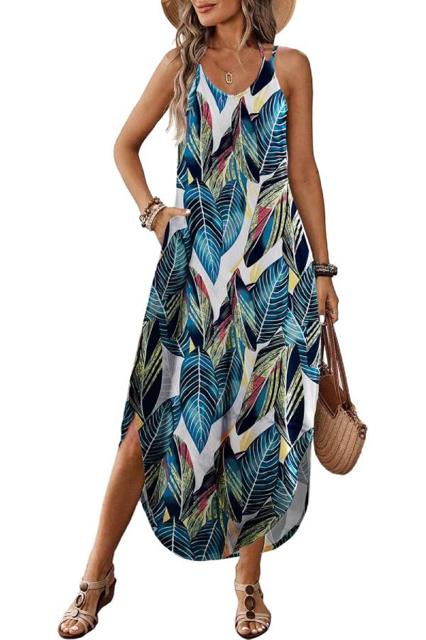 CM | Casual V-cuello halter hendidura bohemio playa resort maxi vestido