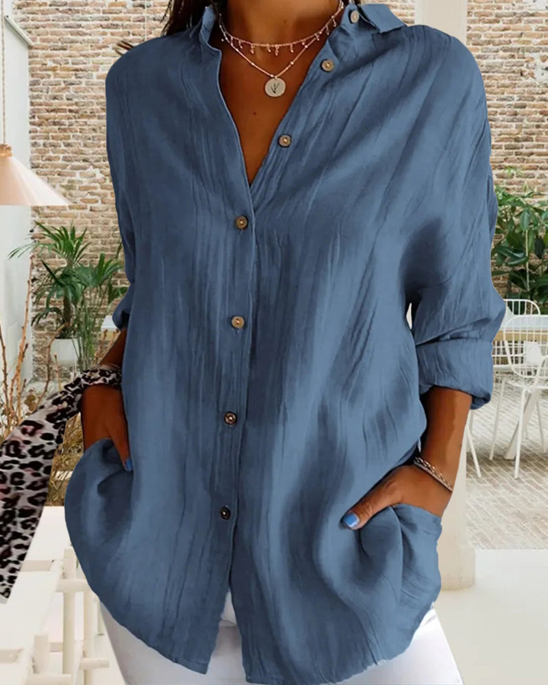CM | Camisa casual monocolor de manga larga con cuello de pico y botones