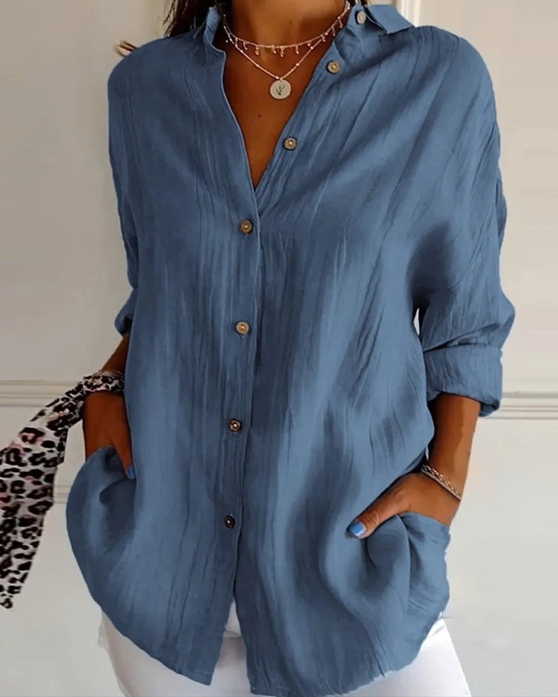 CM | Camisa casual monocolor de manga larga con cuello de pico y botones