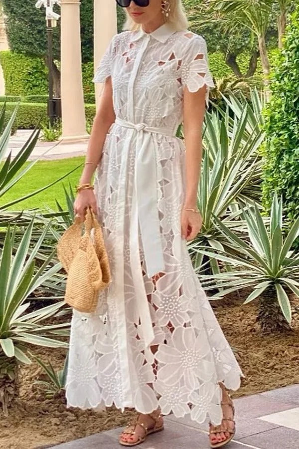 CM | Dubai Estilo Floral Crochet Encaje Manga Corta Atado Camisa Maxi Vestido