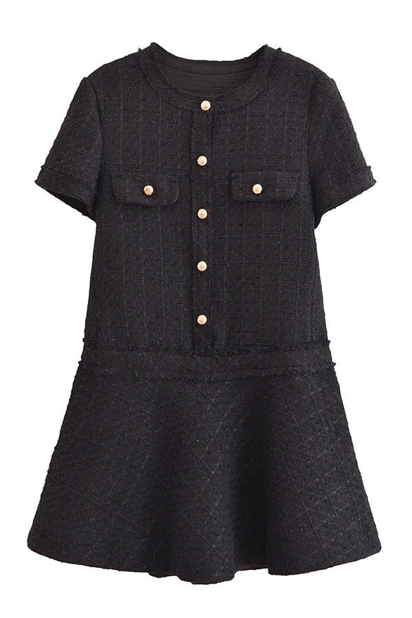 CM | 1960s London Girl tweed texturizado botón dorado manga corta bolsillo mini vestido