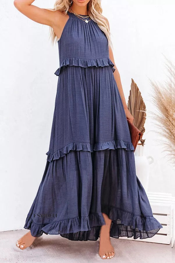 CM | Vittoria Vestido maxi halter fruncido con volantes