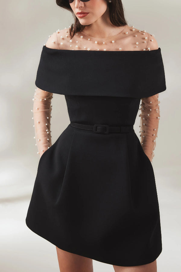 CM | Elegante Noche Solapa Bandeau Cinturón Desmontable Bolsillo Mini Vestido