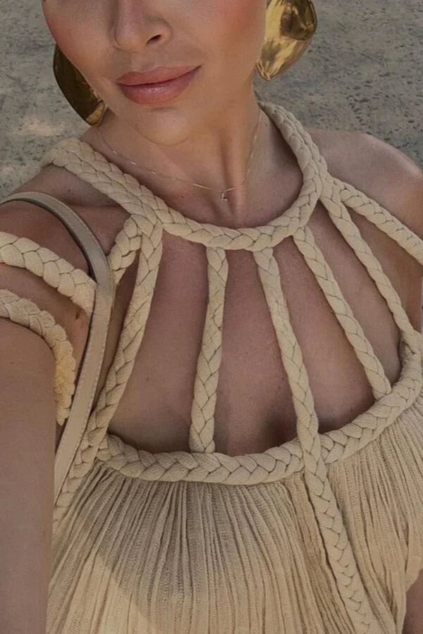CM | Moderno y Sofisticado Maxi Vestido de Trenzas Drapeadas en Mezcla de Lino