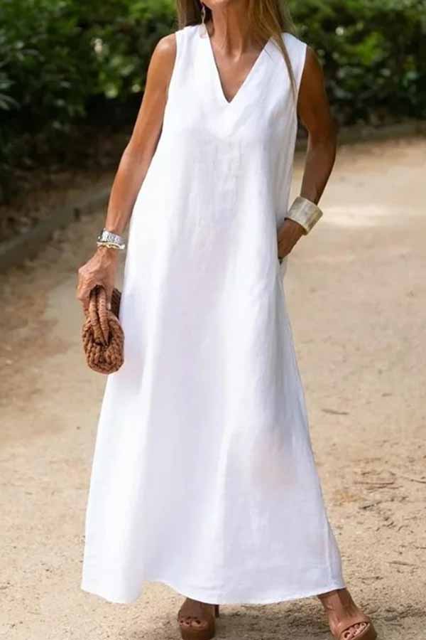 CM | Vestido largo sin mangas de algodón y lino blanco con un profundo escote en V