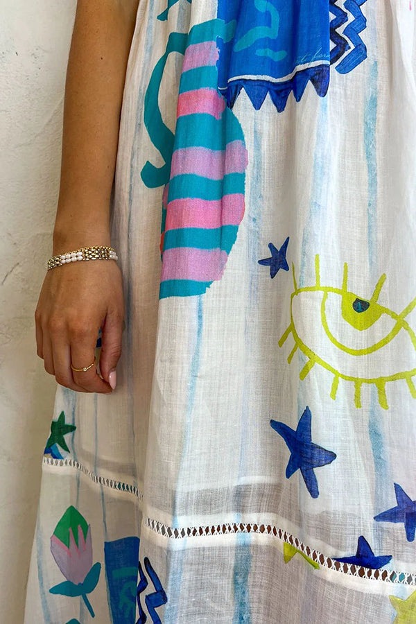 CM | She's The Fun Vestido midi con estampado lúdico en mezcla de lino y ribete en escalera