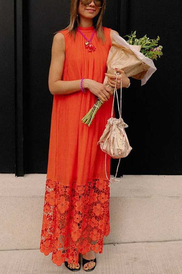 CM | Breezy Comfort escote de corbata maxi vestido sin mangas con dobladillo de encaje floral