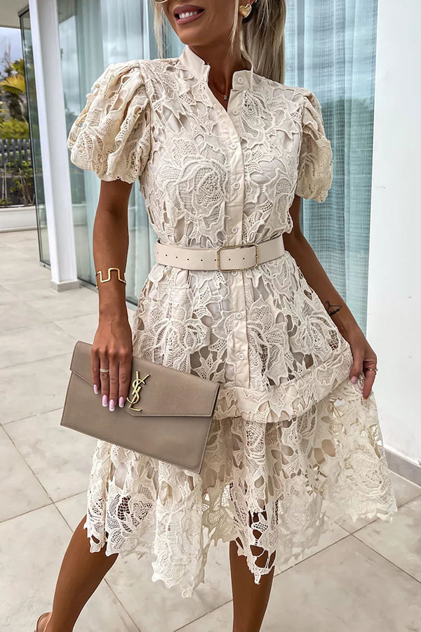 CM | Absolutamente Elegante Floral Crochet Encaje Puff Manga Cinturón Camisa Vestido Midi