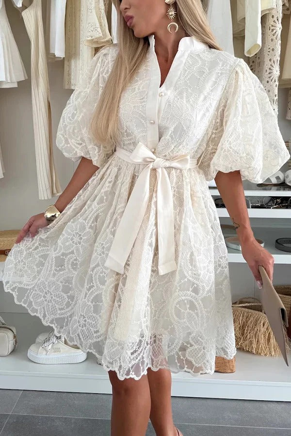 CM | Verano romántico bordado de encaje mangas abullonadas Button Tie Mini Vestido