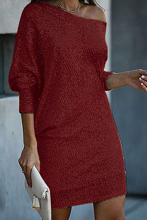 CM | Lentejuelas Sólido Off-shoulder Mini Vestido Suelto