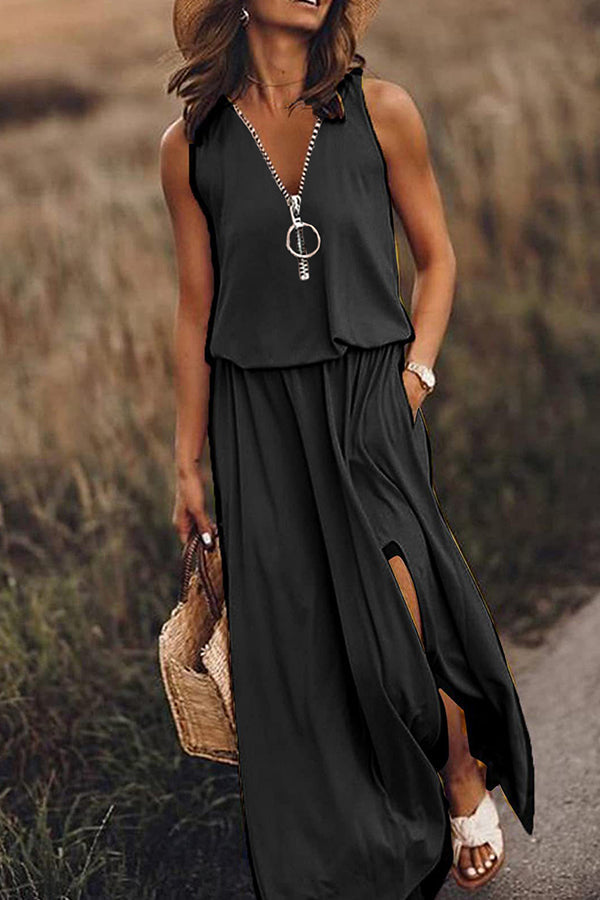 CM | Vestido largo sin mangas mujeres casuales cintura cremallera carta vestido