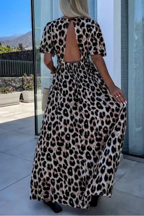 CM | Leopardo Caqui Cuello en V Cintura Alta Espalda Abierta Maxi Vestido