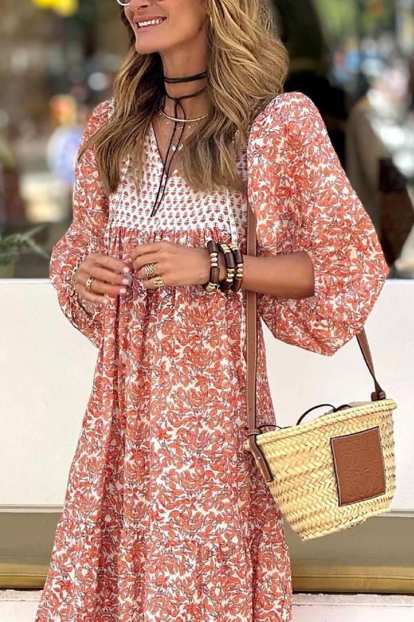 CM | Boheme Lifestyle maxi vestido estampado con mangas abullonadas sueltas
