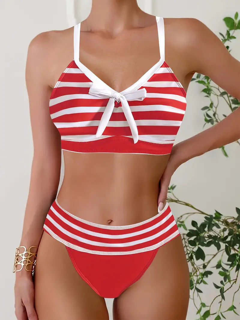 CM | Bikini sexy con estampado de rayas y nudo en V