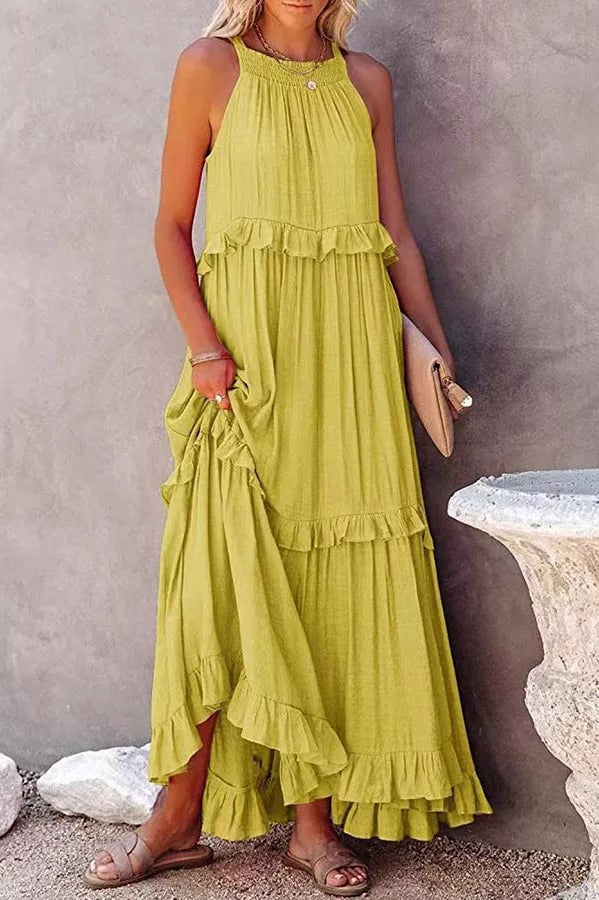 CM | Vittoria Vestido maxi halter fruncido con volantes