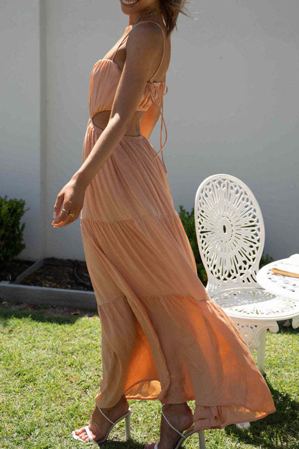 CM | Vestido largo de swing sin mangas, con cintura abierta y capas