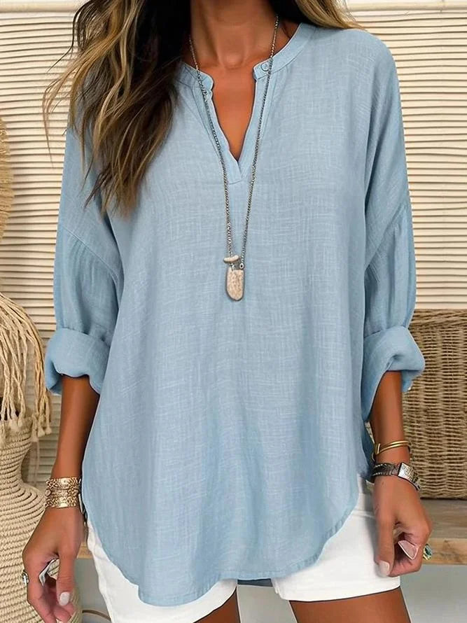 CM | Camisa regular de manga larga con cuello en V, monocolor, de manga larga y corte holgado