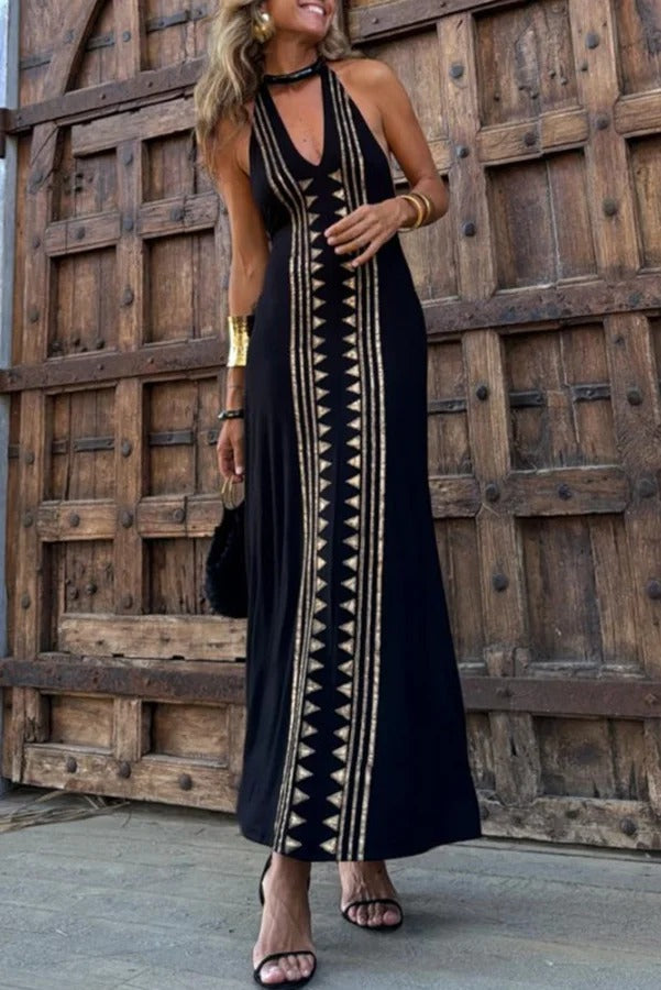 CM | Meret Oro Estampado Geométrico Maxi Vestido Estirado Sin Espalda con Halter