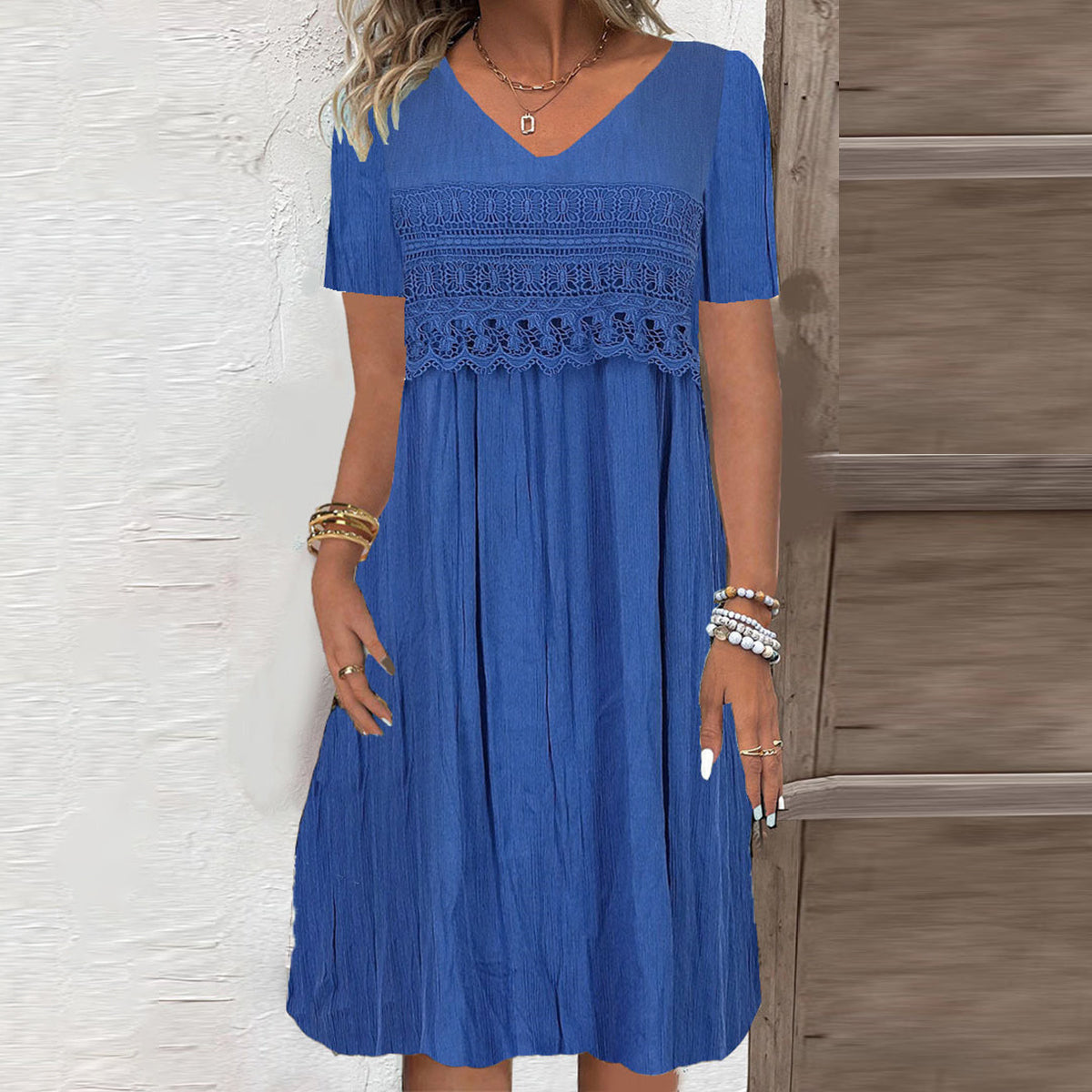 CM | Azul Vestido midi monocolor de manga corta