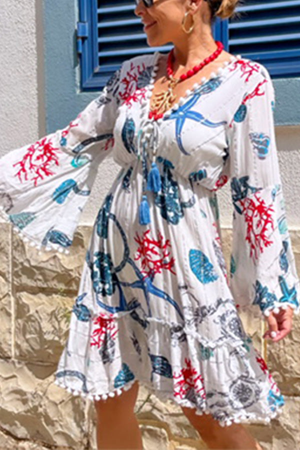 CM | Vestido Corto Manga Campana Cuello en V Coral Estrella de Mar
