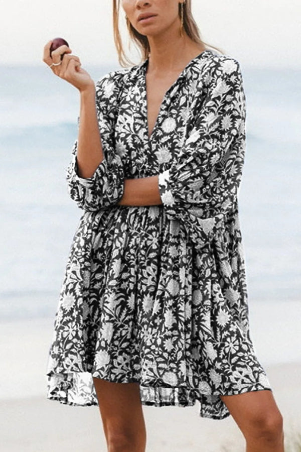 CM | Señoras V-Cuello Media Manga Túnica Floral Vestido Corto