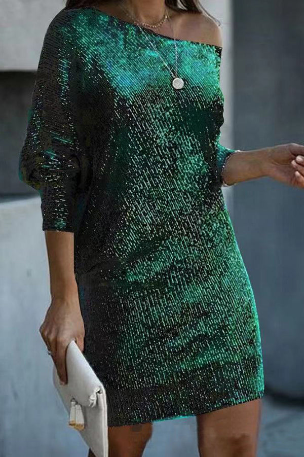 CM | Lentejuelas Sólido Off-shoulder Mini Vestido Suelto