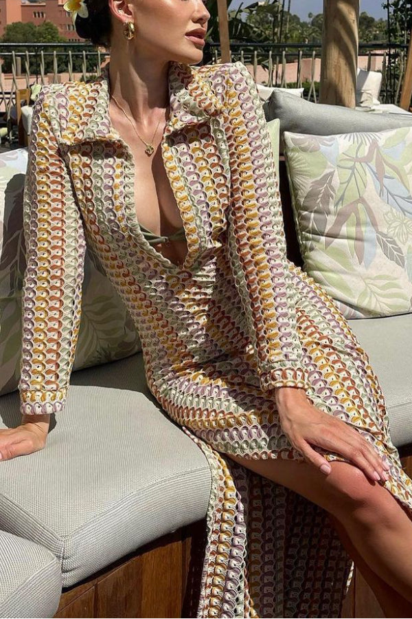 CM | Vestido largo de ganchillo hecho a mano con escote en V y abertura en el cuello