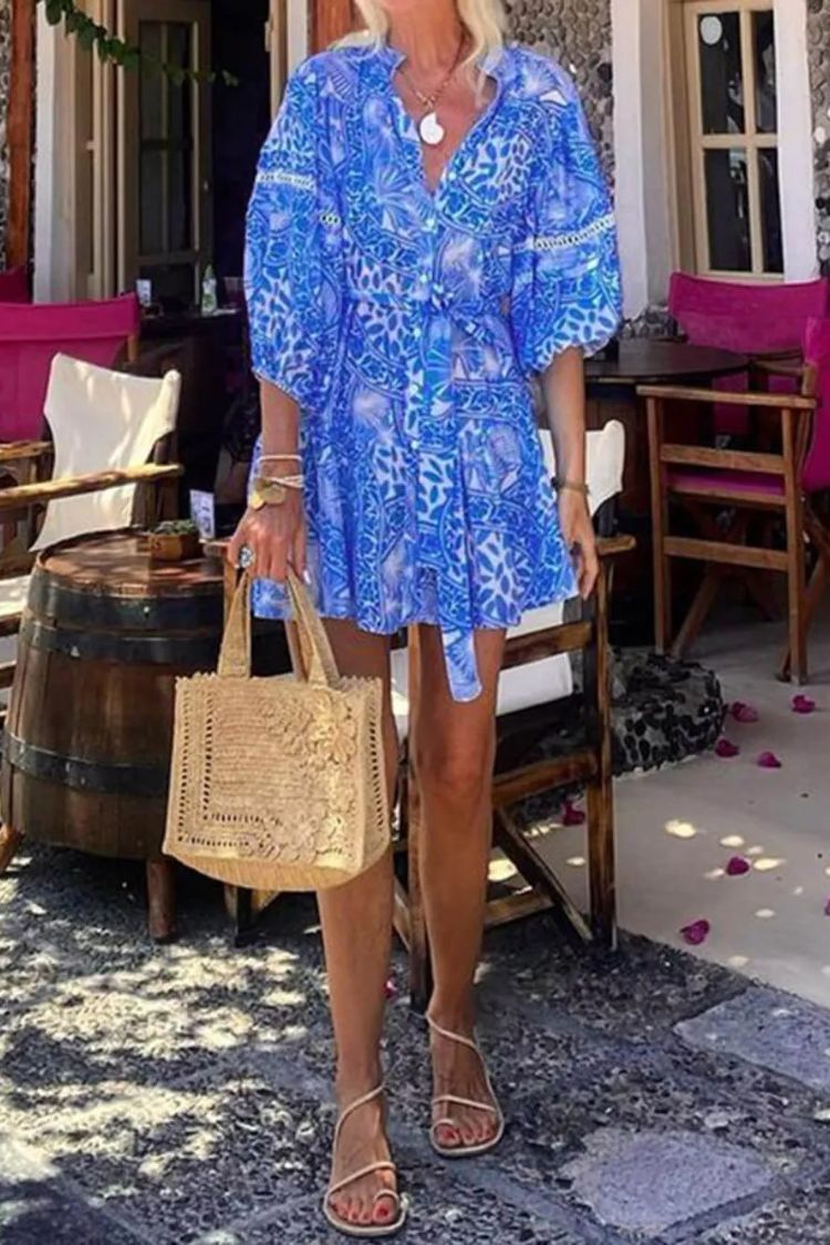 CM | Fashion Stand Up Collar Shift Impreso Resort Mini Vestido