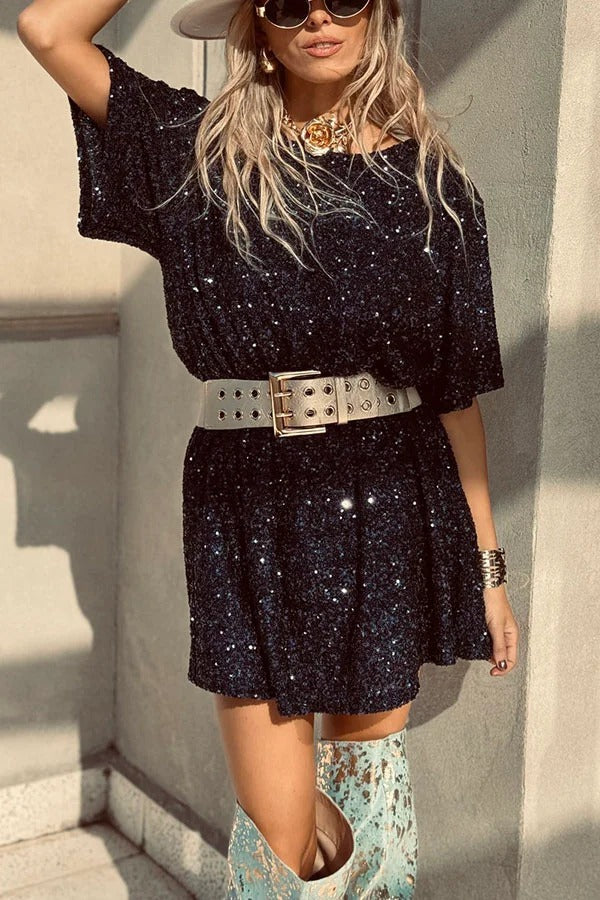 CM | Night Moves tela de lentejuelas mangas cortas sin espalda H-line mini vestido