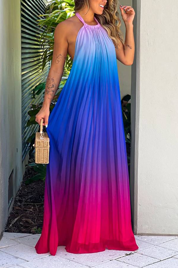 CM | Maxi vestido rosa y morado con cuello alto