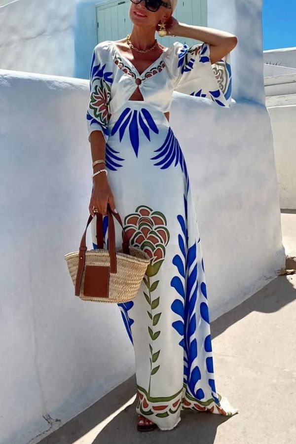 CM | Mezcla de lino estampado único Cuello en V Espalda Hueca Encaje Libre Maxi Vestido de Vacaciones