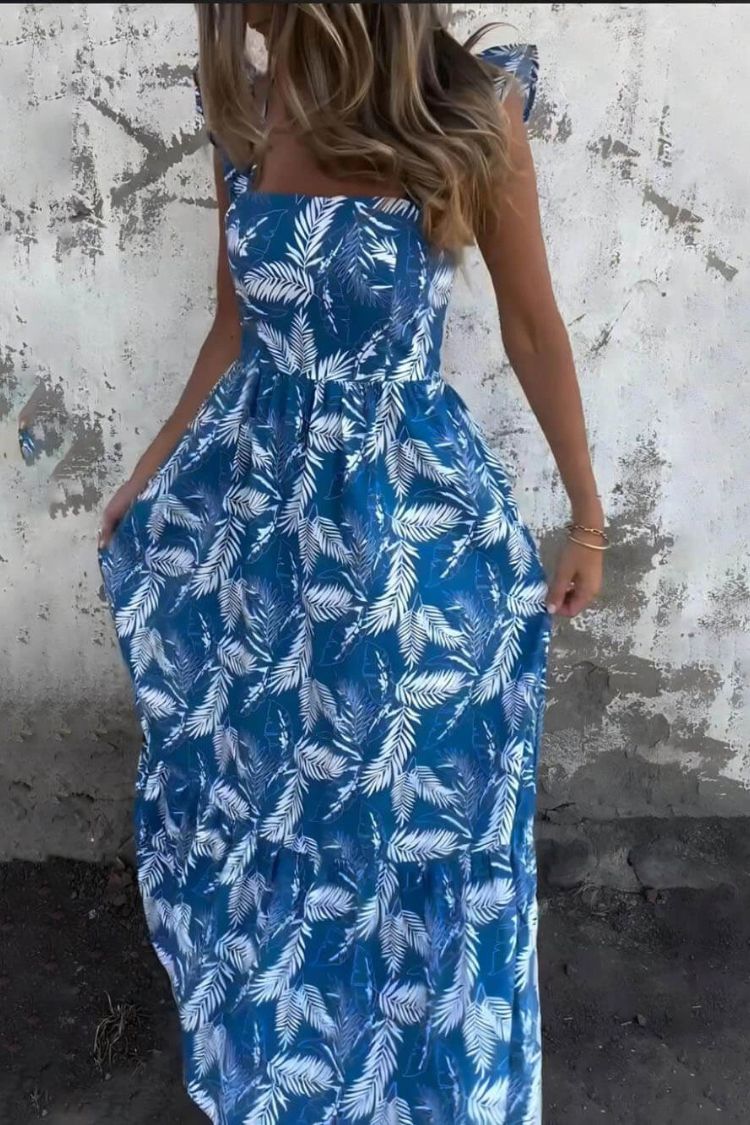 CM | Elegante maxi vestido con mangas de volantes y estampado de plumas de corbata hueca