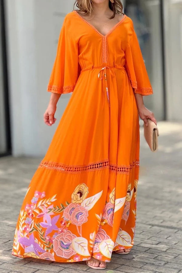 CM | Elegante Único Impreso Encaje Patchwork Encaje Maxi Vestido