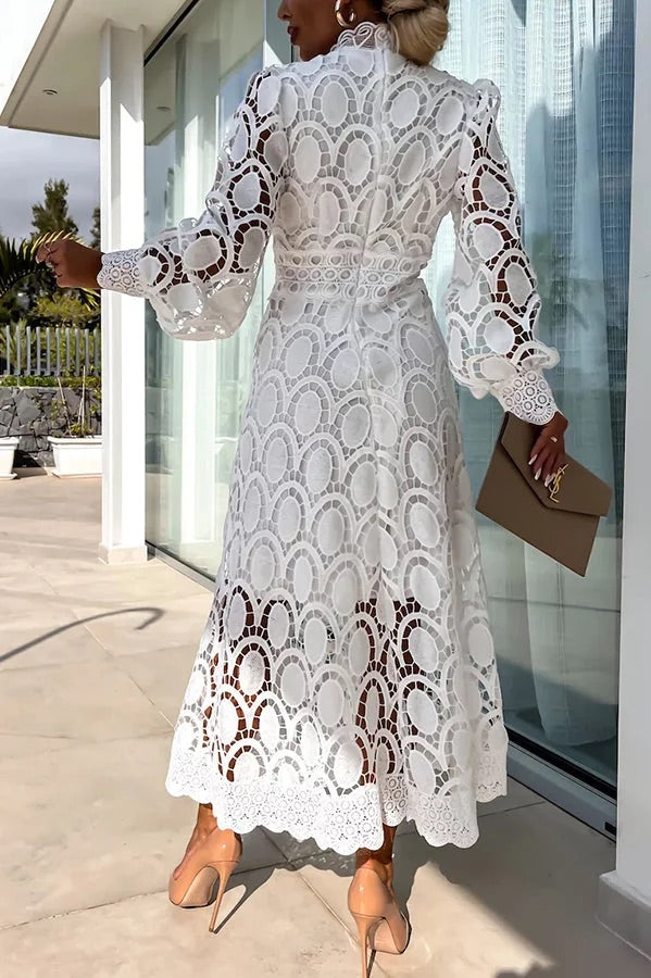 CM | Romántico, Sensual y Elegante Vestido Midi de Encaje de Crochet con Manga Farol de Fiesta