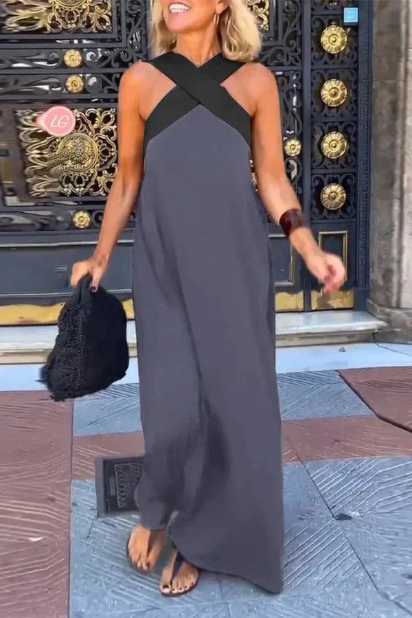 CM | Elegante maxi vestido cruzado sin espalda y sin mangas