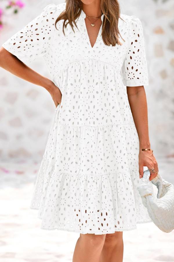 CM | Cuello en V de Mujer Manga Corta Hueco Mini Vestido de Vacaciones