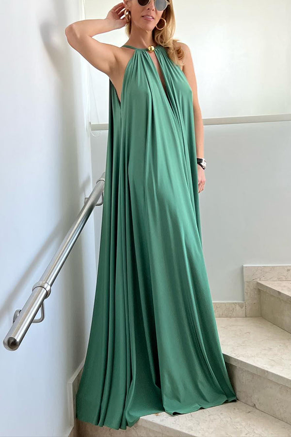 CM | Diosa Griega Inconfundible Dorado Cuello Halter Línea A Maxi Vestido