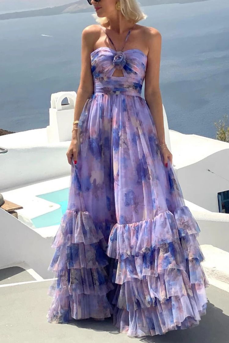 CM | Dreamy Clouds Tul estampado Rosa Detalle Cuello Ruffle Striped Halter Maxi Vestido