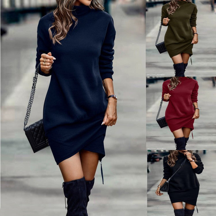 CM | Vestido Manga Larga Color Sólido Cuello Alto Cruzado Vestido Corto Ropa Mujer