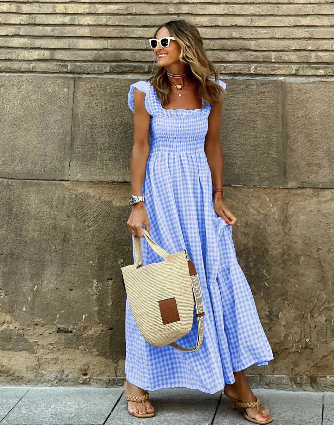 CM | Maxi vestido con mangas de volantes y volantes a cuadros