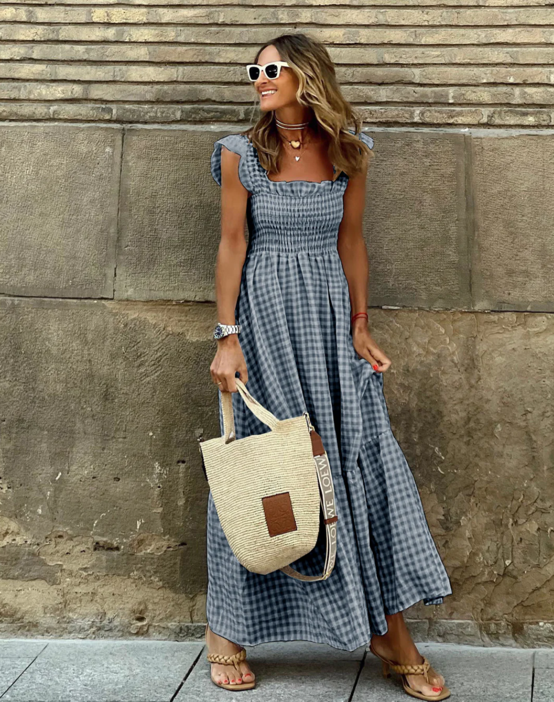 CM | Maxi vestido con mangas de volantes y volantes a cuadros