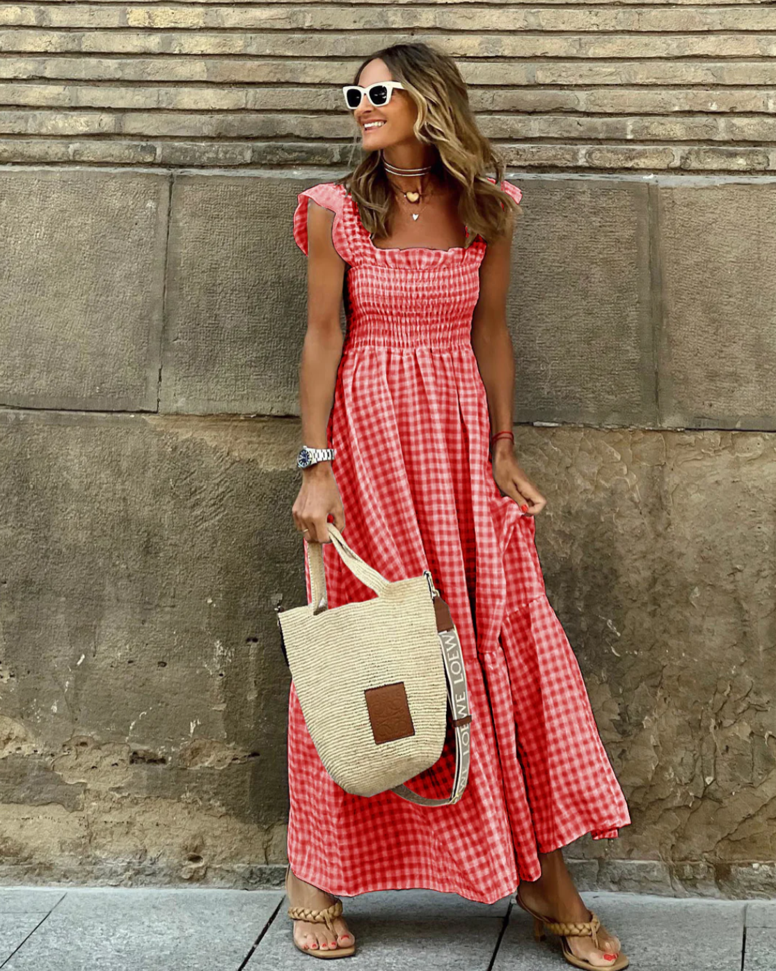 CM | Maxi vestido con mangas de volantes y volantes a cuadros