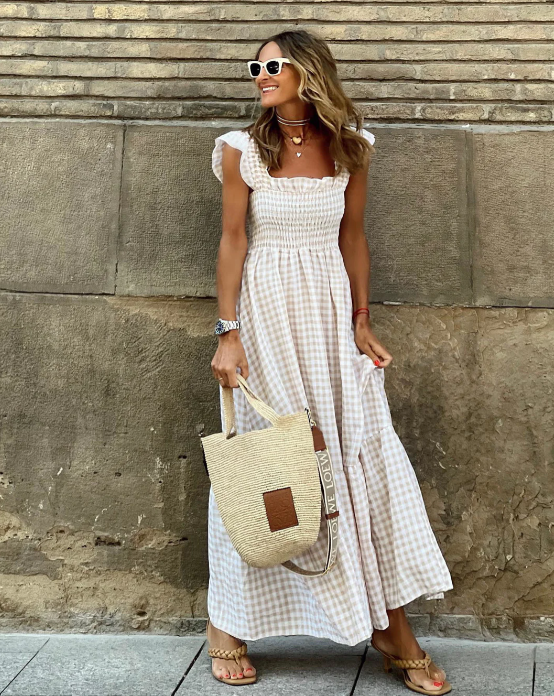 CM | Maxi vestido con mangas de volantes y volantes a cuadros