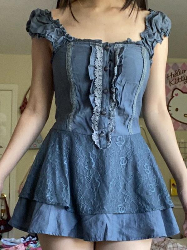 CM | Mini vestido de encaje patchwork con tirantes a rayas