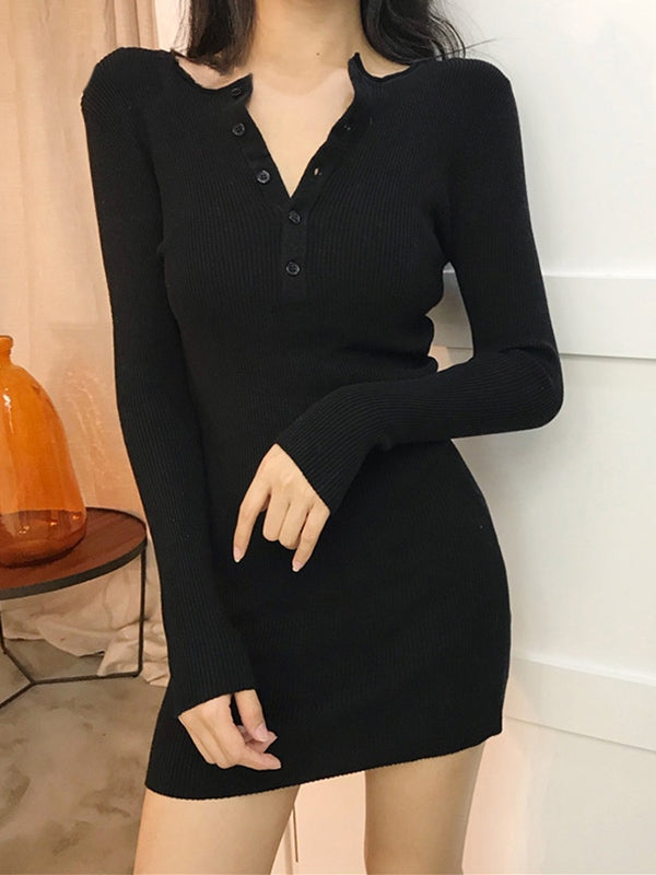 CM | mini vestido de manga larga de punto acanalado con tapeta de botones