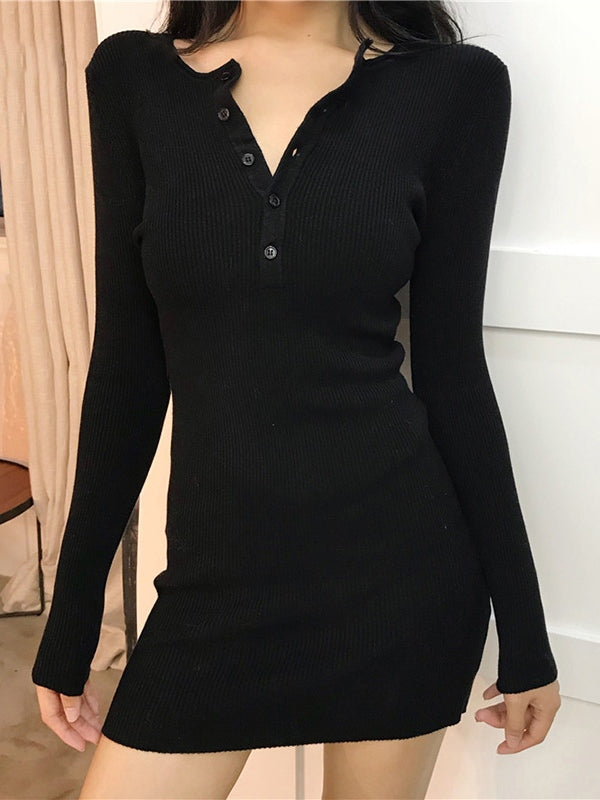 CM | mini vestido de manga larga de punto acanalado con tapeta de botones